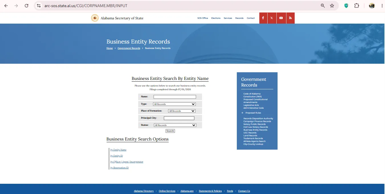 Alabama Secretary of State business entity records page showing official LLC and corporation search options