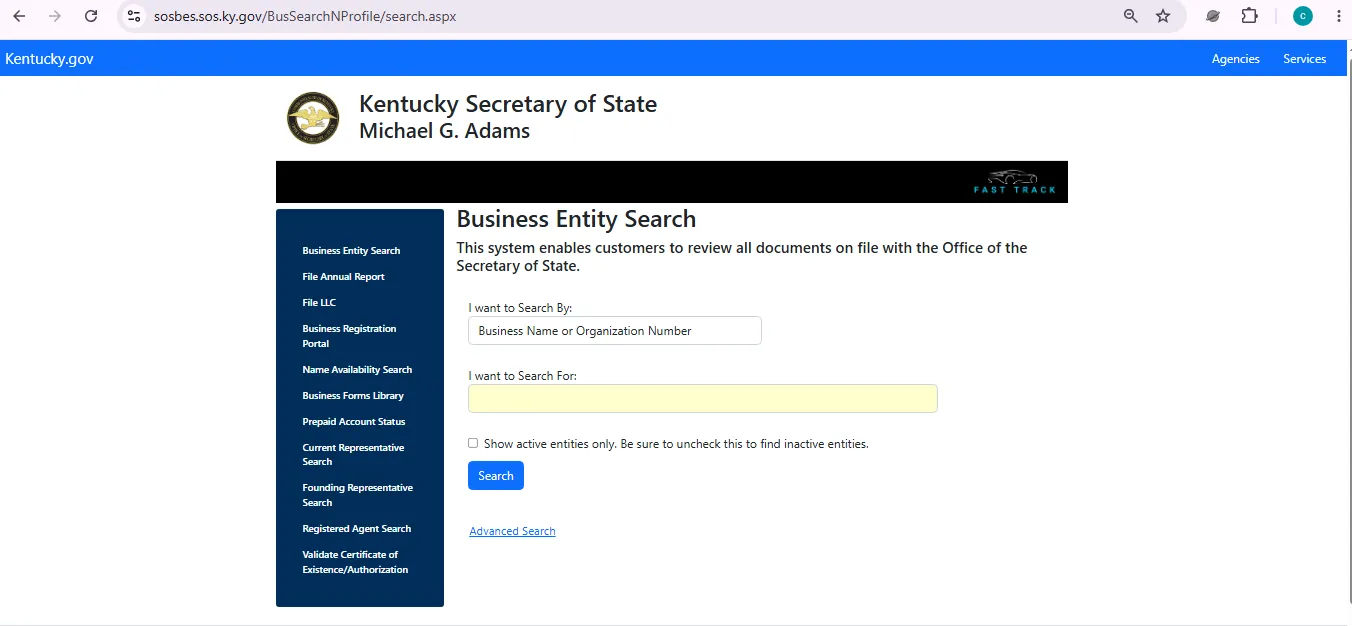 Kentucky business entity search page showing official SOS business name and organization number lookup