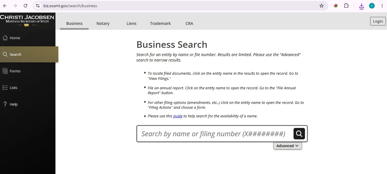 Montana business entity search page showing official SOS business lookup portal