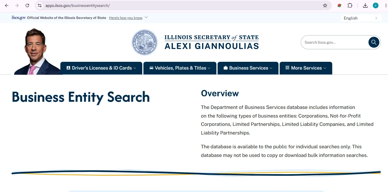 Illinois business entity search page showing official ilsos.gov corporation and LLC lookup screen