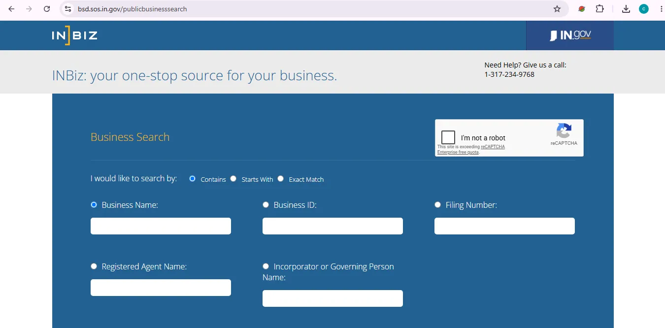 Indiana business entity search page showing official SOS business lookup screen