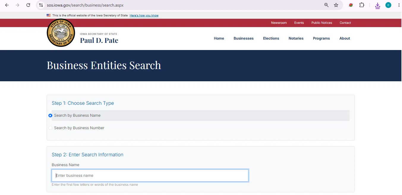 Iowa business entity search page showing official SOS business name and business number lookup fields