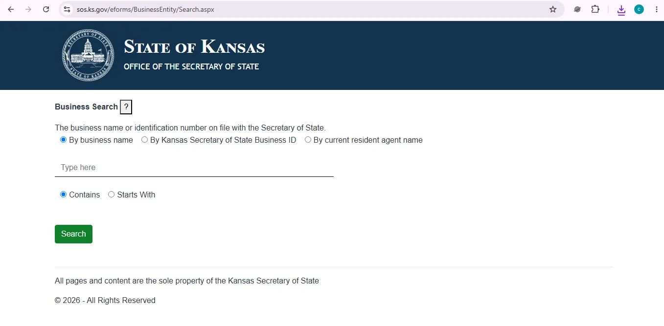 Kansas business entity search page showing official KSSOS lookup option