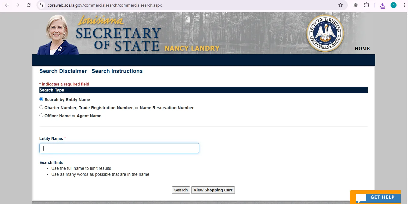 Louisiana business entity search page showing official SOS commercial filing lookup options
