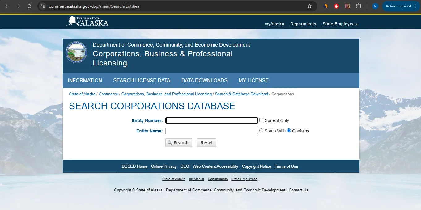 Alaska business entity search page showing official corporations database lookup fields