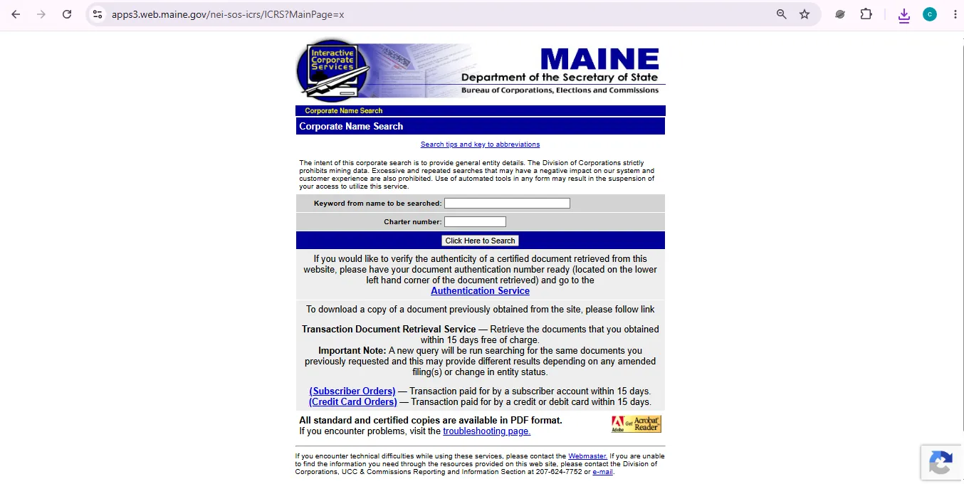 Maine business entity search page showing official corporate name and charter number lookup fields