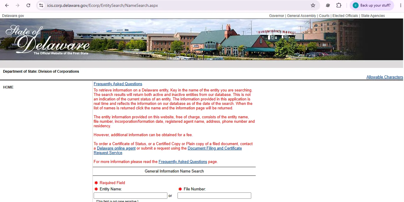 Delaware business entity search page showing official Division of Corporations name and file number lookup fields