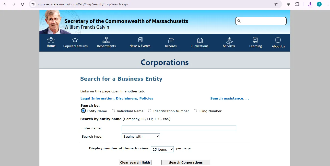 Massachusetts business entity search page showing official corporate database lookup options