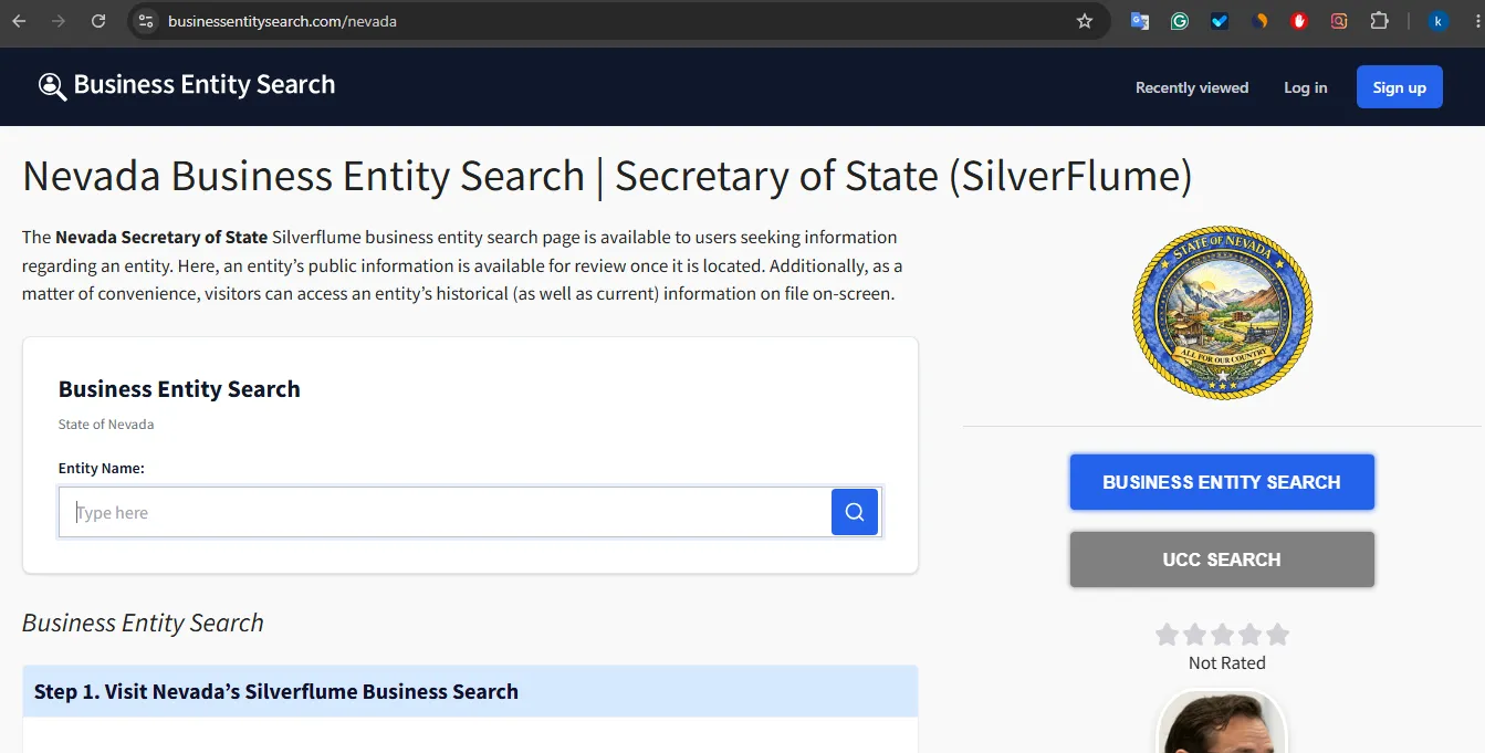 Nevada business entity search page showing SilverFlume entity lookup fields