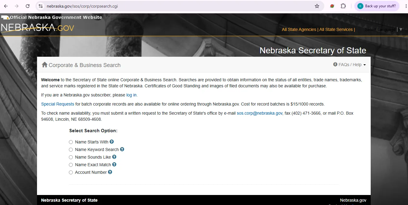 Nebraska business entity search page showing official Secretary of State corporate lookup options