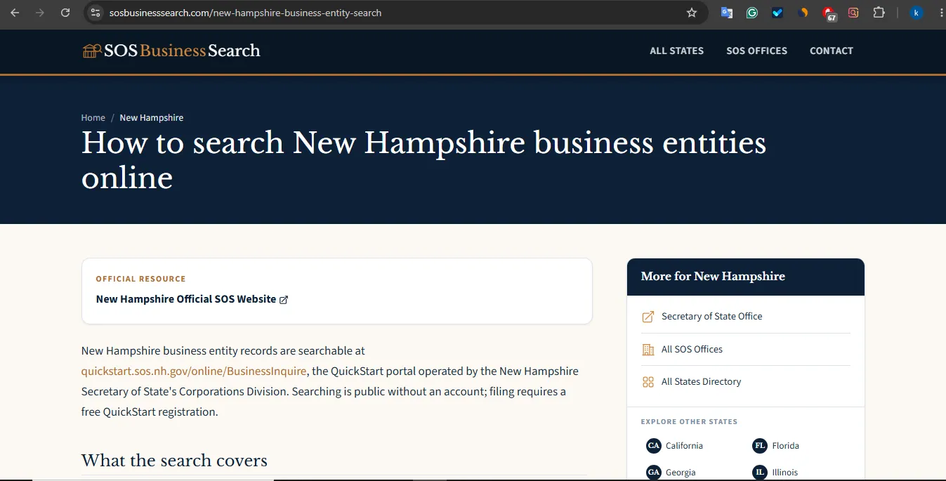 New Hampshire business entity search page showing NH QuickStart business lookup fields