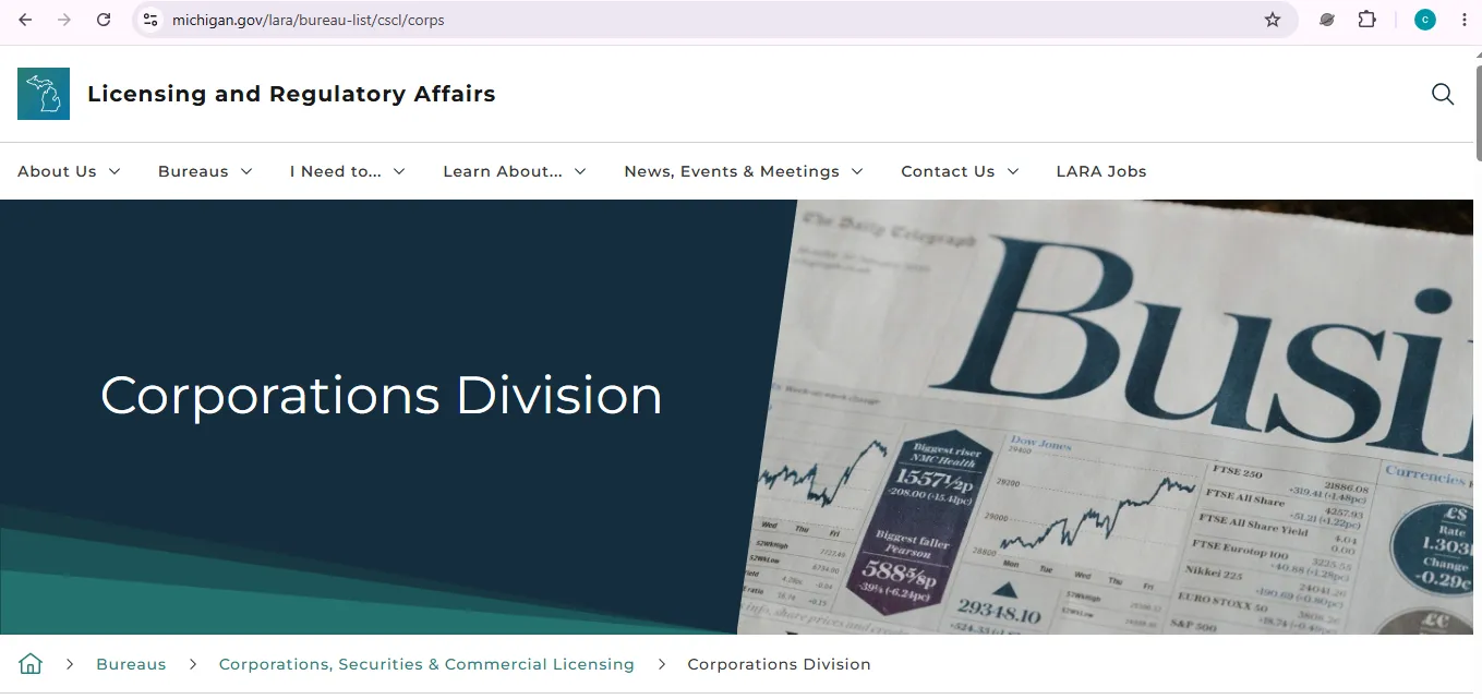 Michigan business entity search page showing official LARA MiBusiness Registry lookup