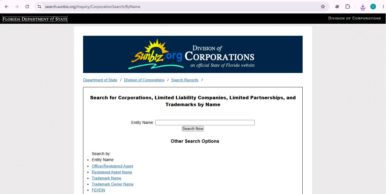 Florida Sunbiz business entity search page showing official entity name lookup field