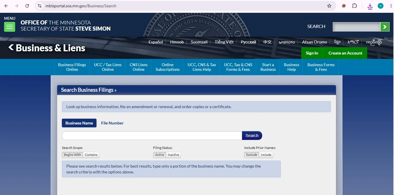 Minnesota business entity search page showing official SOS business filings lookup options