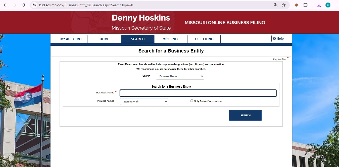 Missouri business entity search page showing official SOS corporation lookup options