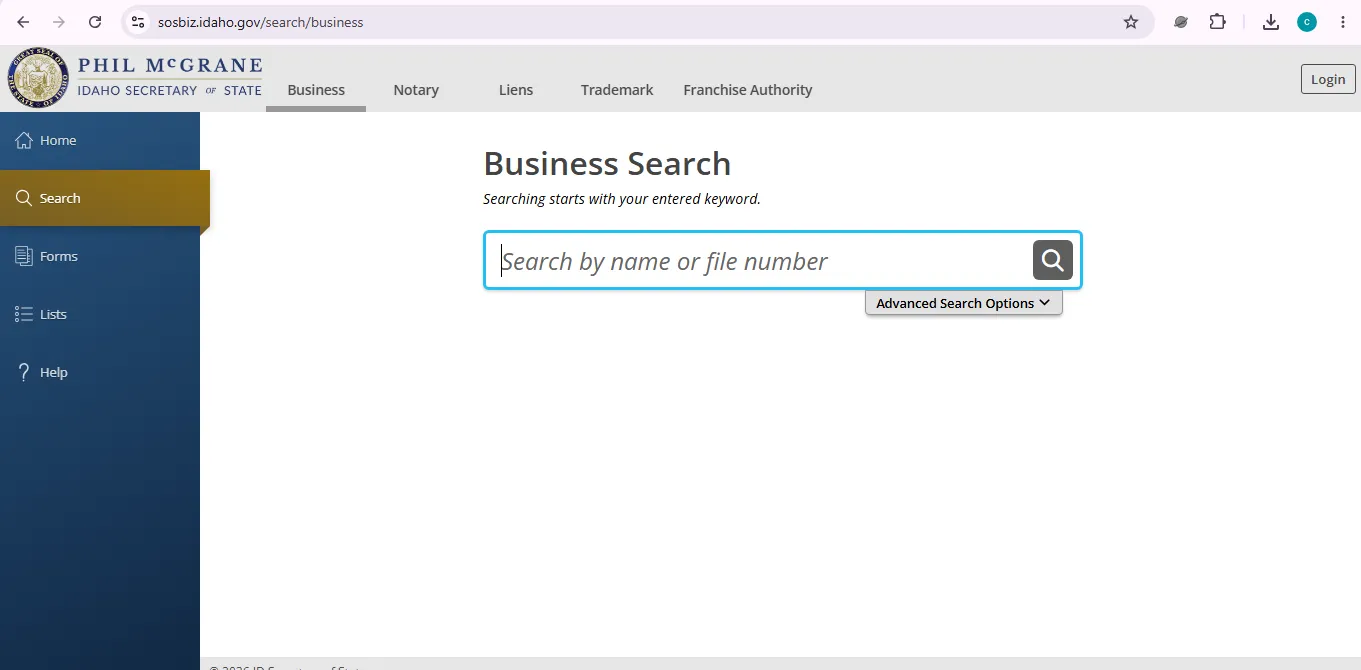 Idaho business entity search page showing official SOSBiz name and file number lookup options
