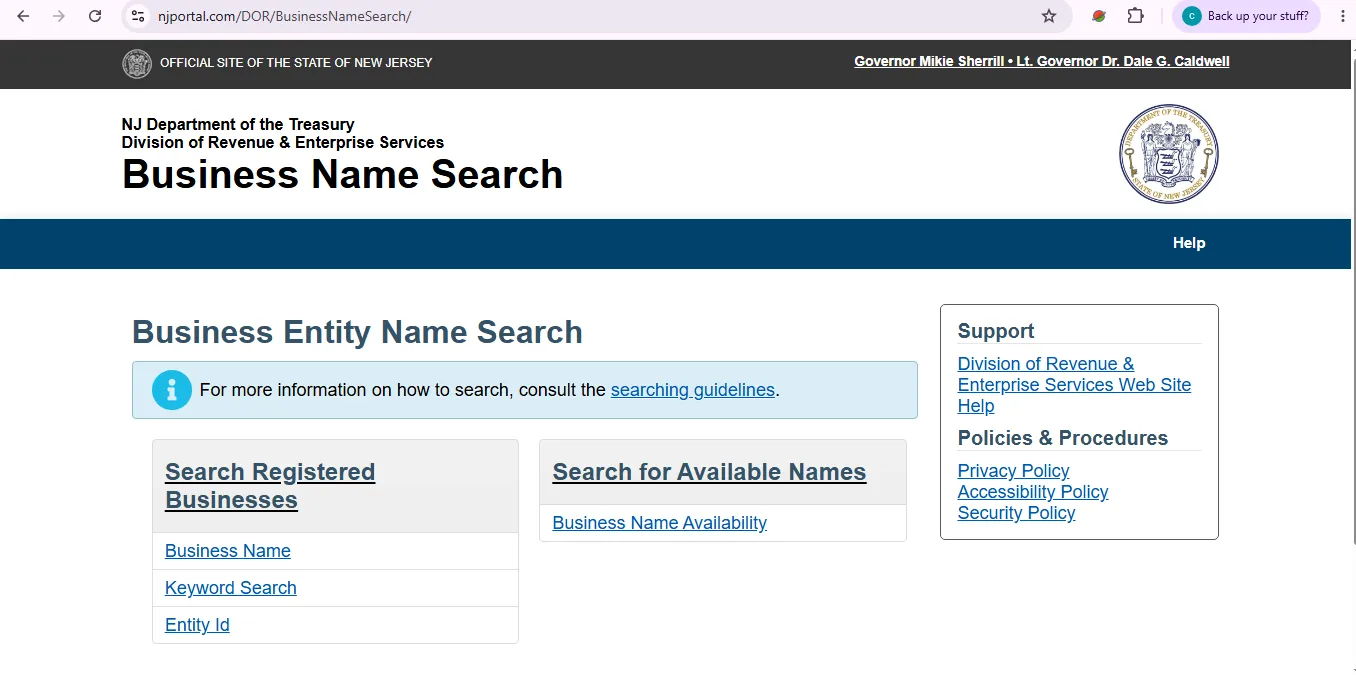 New Jersey business entity search page showing official Treasury business name and entity ID lookup options