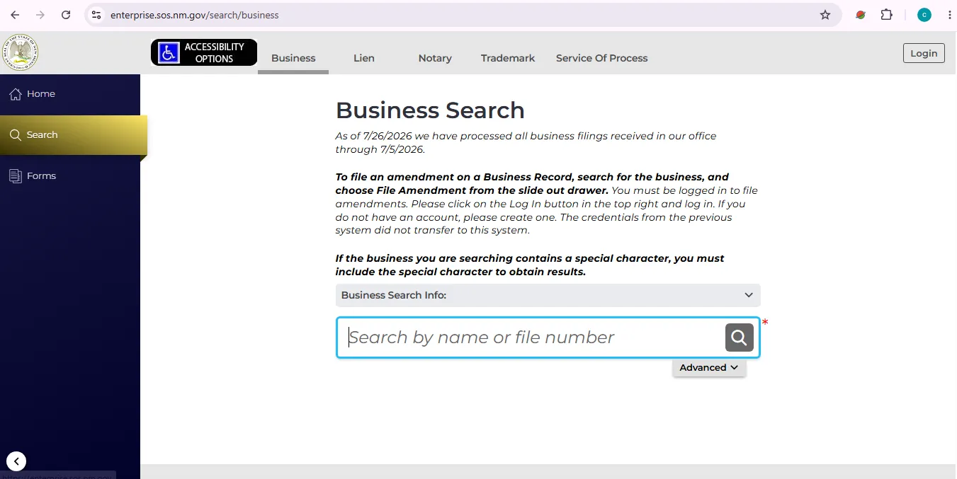 New Mexico business entity search page showing official SOS lookup by name or file number