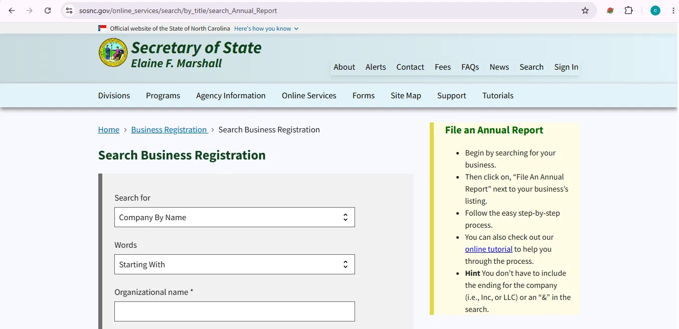 North Carolina business entity search page showing official SOS business registration lookup fields