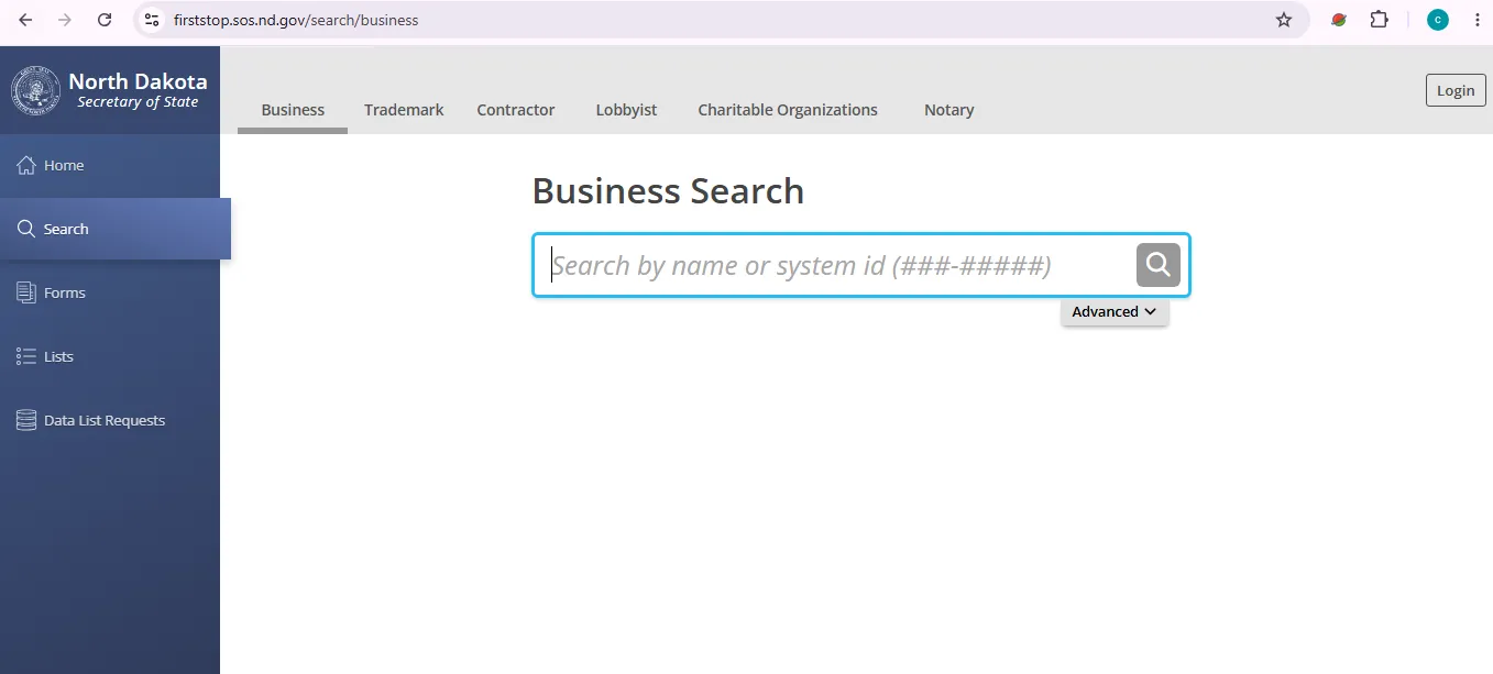 North Dakota business entity search page showing official FirstStop lookup by name or system ID