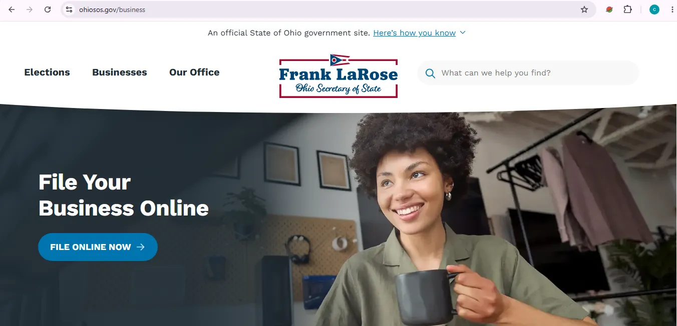 Ohio business entity search page showing official Secretary of State LLC and corporation lookup