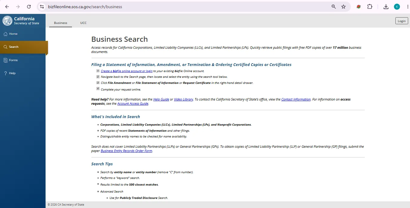 California business entity search page showing bizfile Online LLC and corporation lookup