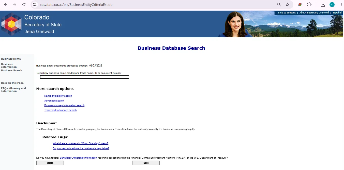 Colorado business entity search page showing official Secretary of State database lookup options