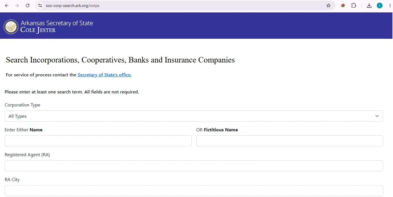 Arkansas business entity search page showing official SOS corporation lookup fields