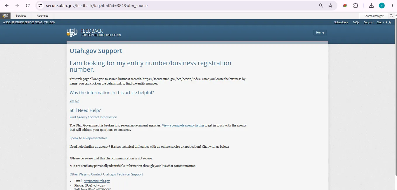 Utah business entity search page for finding corporations LLCs and registered business records