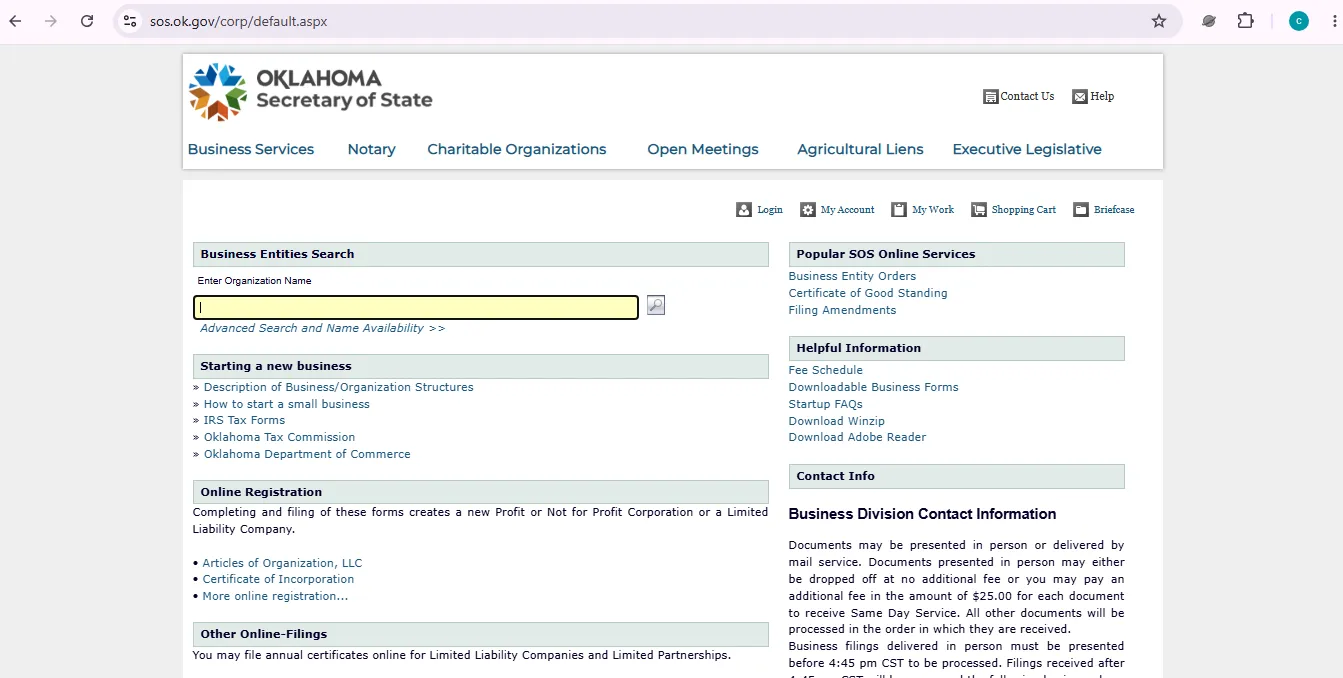 Oklahoma business entity search page showing official SOS corporation lookup fields