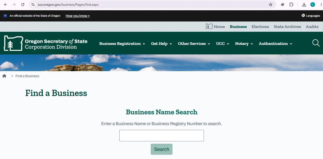 Oregon business entity search page showing official Secretary of State business registry lookup