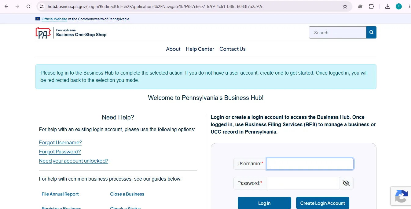 Pennsylvania business entity search page showing official DOS business filing services lookup