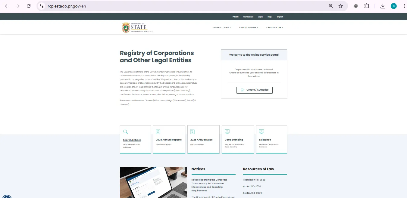 Puerto Rico business entity search page showing official corporations registry lookup fields