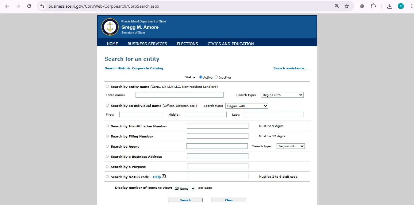 Rhode Island business entity search page showing official corporate database lookup fields