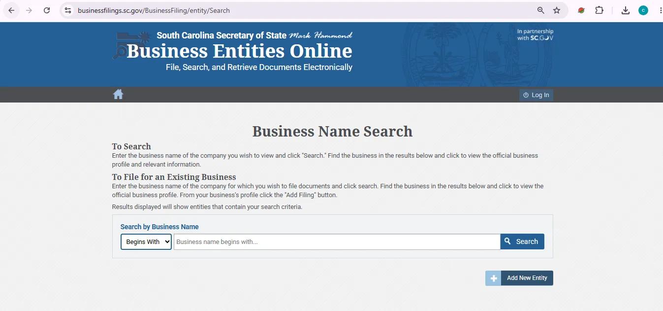 South Carolina business entity search page showing official SOS business name lookup fields