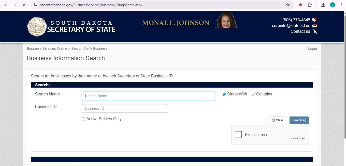 South Dakota business entity search page showing official SOS lookup fields