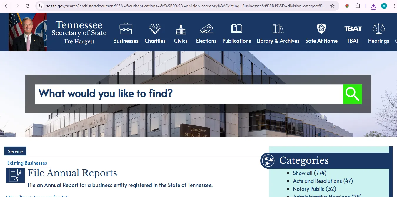 Tennessee business entity search page showing official SOS business name and control number lookup fields