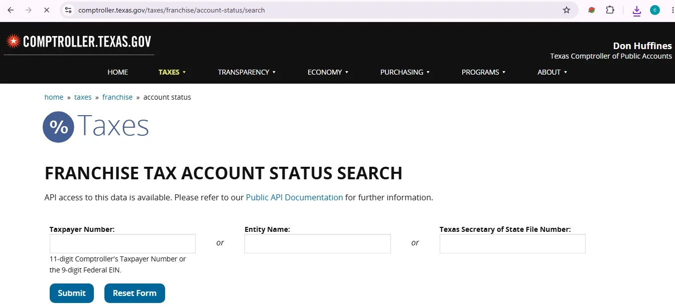 Texas business entity search page showing official Comptroller entity name and SOS file number lookup fields